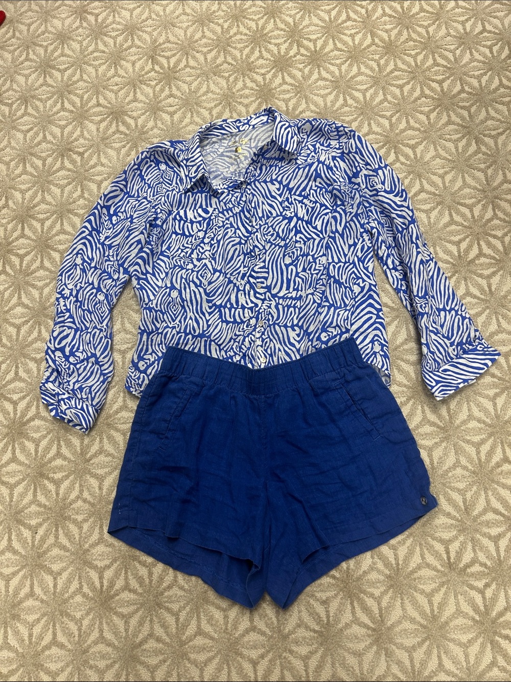 Lilly Pulitzer Blue and White Button Down Shirt and shorts linen